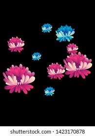 Vector  floral pattern of  red and blue chrysanthemums on white background in Japanese graphic style.