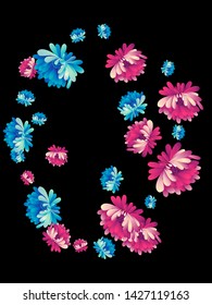 Vector  floral pattern of  red and blue chrysanthemums in Japanese graphic style.