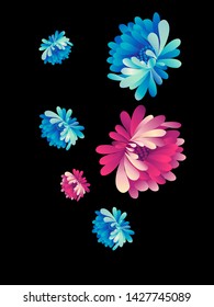 Vector  floral pattern of  red and blue chrysanthemums in Japanese graphic style.