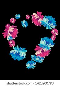 Vector  floral pattern of  red and blue chrysanthemums in Japanese graphic style.