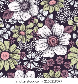 Vector floral pattern in retro hippie style, 60s, 70s. Flower power, Child of flowers, tribal style background with flowers. Retro texture for printing on fabric, textiles, wallpaper.