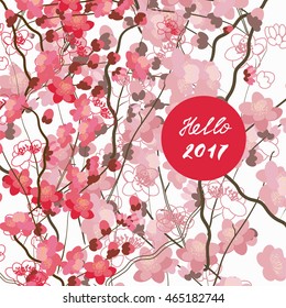 Vector floral pattern with sakura flowers in the flat and a sketch style. Outline style vector illustration.