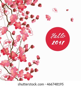 Vector Floral Pattern With Sakura Flowers In The Flat And A Sketch Style. Outline Style Vector Illustration.