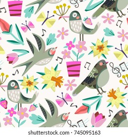 Vector floral pattern. Seamless botanic and bird texture, detailed illustrations. 
