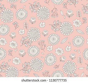 Vector floral pattern. Seamless hand drawn flowers and leaves. Spring illustration in doodle style.
