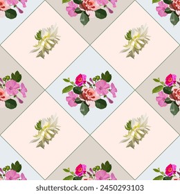 Patrón floral de Vector, sin costuras para el diseño de manteles de cocina, flores rosa rosa, pitunia, dalia blanca, tagethis en un fondo diagonal a cuadros en colores pastel