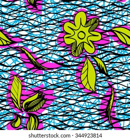 Vector floral pattern seamless on a waves stripes background. Hand drawn green flowers ornament on a geometric lines backdrop. Colorful lines background and floral geometric pattern