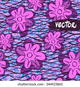 Vector floral pattern seamless on a blue background. Hand drawn pink flowers ornament on a geometric backdrop. Colorful lines background and floral geometric pattern