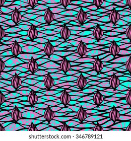 Vector floral pattern seamless on a blue background. Hand drawn pink flowers rosebuds ornament on a color geometric backdrop. Colorful lines background and floral geometric pattern on a mint colors