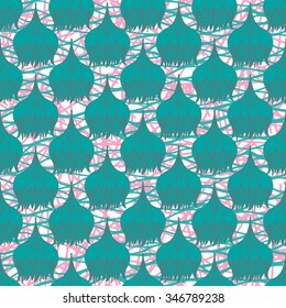 Vector floral pattern seamless on a waves stripes background. Hand drawn green flowers ornament on a geometric lines backdrop. Colorful lines background and floral geometric pattern 