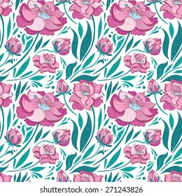 Vector Floral Pattern | Seamless texture with pink rose and peony flowers isolated on white background for textile and wallpaper design
