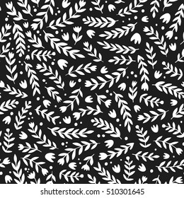 Vector floral pattern, seamless texture with branches. Floral background. White branches and flowers on black background.
