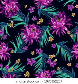 Vector floral pattern. Seamless tropical allover design with lotus, palms, and other flowers. dramatic colors, trendy pattern. on black