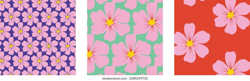 Vector Floral Pattern Set with Pink Sakura Blossoms on Colorful Backgrounds - Spring Flower Illustration for Posts, Banners, Fabric, Textiles, and Wallpaper Designs