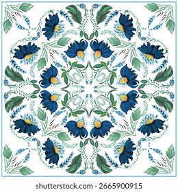 Patrón floral de Vector para chal, alfombra, bufanda. Flores de la fantasía, hojas en un fondo blanco