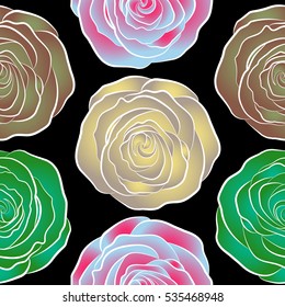 Vector floral pattern sketch. Flower pattern with roses. Pink, yellow and green roses on a black background. Hand drawn flowers. Vintage flower seamless pattern.