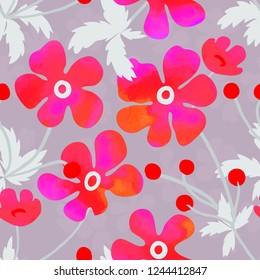 Image vectorielle motif floral avec formes de fleur à l'aquarelle molle sur fond gris. Motif vectoriel harmonieux de couleur rouge mignon. Arrière-plan floral dans un style vintage. Impression en gras avec silhouettes de feuilles et de fleurs