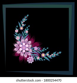 Vector floral pattern in a square for design of headscarves, hijab, print for womens clothing. Decorative flowers with leaves on a black background.