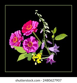 Vector floral pattern in a square on a black background bouquet of different flowers for the design of tablecloth, scarf, hijab.