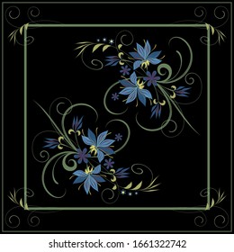 Vector floral pattern squared on a black background. Bright flowers and leaves for the design of textile shawls, hijab, scarf. Decorative print to decorate clothes of oriental women.