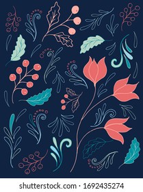 Vector floral pattern for textile, home decor, clothes, banner, magazine, poster, decoration, postcard. Flowers, drops and berries background. Floral Pattern image. EPS 10.