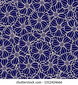 Vector floral pattern texture of overlapping flowers in nave blue and yellow. Elegant modern print for fabric, home decor, scrapbooking projects.