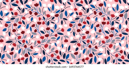 Diseño vegetal vectorial con tulipanes y hojas sobre un fondo rosa pastel. Ilustración vectorial hecha a mano. Hermoso fondo primaveral para textiles, cubiertas de libros, papel pintado, papel de regalo...