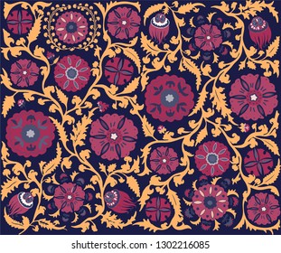 Vector floral pattern. Uzbek suzani national ornament for textile embroidery. Arabic, Indian, Turkish style flowers background. Bohemian ornament for taps.