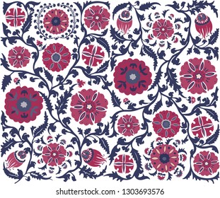 Vector floral pattern. Uzbek Suzani national ornament for textile embroidery. Arabic, Indian, Turkish, Pakistani, Persian style flowers background. Bohemian ornament for taps.