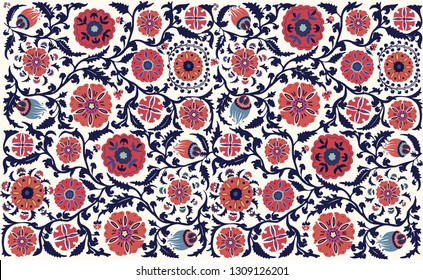 Vector floral pattern. Uzbek suzani national ornament for textile embroidery. Arabic, Indian, Turkish style flowers background. Bohemian ornament for taps.