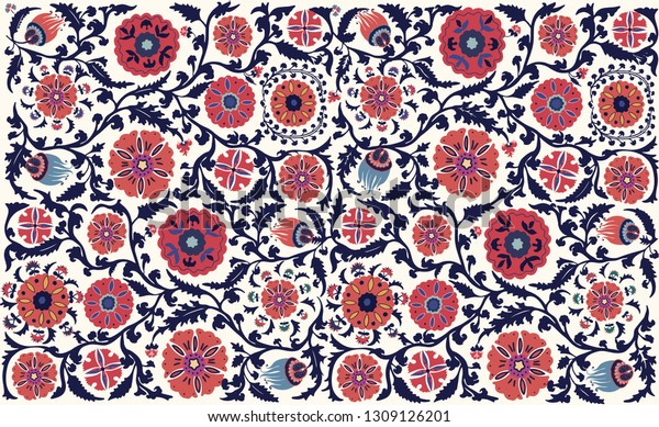 ベクター画像花柄 ウズベクのスザニ国立織物刺繍装飾 インド人 トルコ風の花の背景にアラビア語 タプのボヘミアの装飾 のベクター画像素材 ロイヤリティフリー