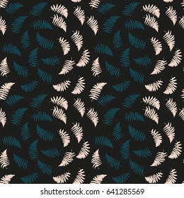 Vector floral pattern with  vertical rows of fern leaves in pink and blue. Pastel colors on black background.
