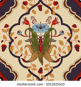 Vector floral pattern, victorian style. Floral bouquet with ornament. Retro floral pattern. Blue stylized hibiscus rhombus ornament. Design for cover, textile, fabric, cover, carpet, web, postcard