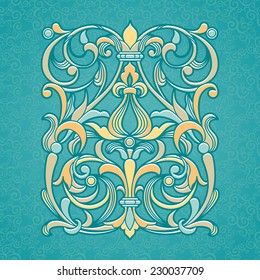 Vector floral pattern in Victorian style on scroll work background. Ornate element for design. Ornamental vintage illustration for wedding invitations, greeting cards. Traditional outline decor.