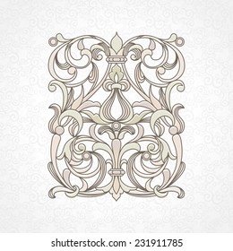 Vector floral pattern in Victorian style on scroll work background. Ornate element for design. Ornamental vintage illustration for wedding invitations, greeting cards. Traditional outline decor.