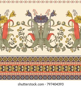 Diseño vectorial floral, estilo victoriano. Ramo floral con adorno. Patrón floral retro. El adorno horizontal de hibiscus estilizado colorido. Diseño de la cubierta, textil, de la tela, de la cubierta, de la alfombra, de la postal