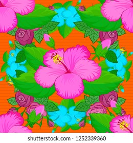Vector floral pattern for wedding or greeting cards, scrapbooking, print, gift wrap, manufacturing fabric, textile. Elegant seamless pattern with decorative orange, green and pink hibiscus flowers.