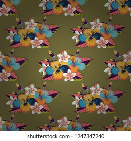 Vector floral pattern for wedding invitations, greeting cards, print, gift wrap, manufacturing fabric, textile. Elegant seamless pattern with decorative blue, yellow and pink hibiscus flowers.