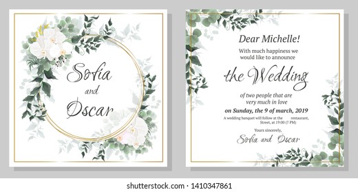 Vector floral pattern for wedding invitations. Orchid flowers, round gold frame, green plants, leaves. All elements are isolated.