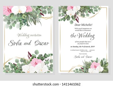 Vector floral pattern for wedding invitations. Orchid flowers, green plants, leaves. All elements are isolated.