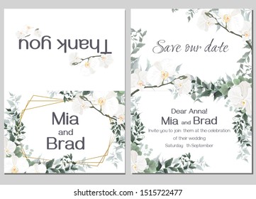 Vector floral pattern for wedding invitations. Orchid flowers, polygonal gold frame, green plants, leaves. All elements are isolated.