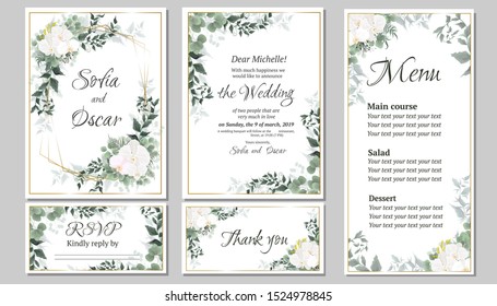 Vector Floral Pattern For Wedding Invitations, Rsvp Card, Thanks, Menu. Orchid Flowers, Gold Frame, Green Plants, Leaves. All Elements Are Isolated.