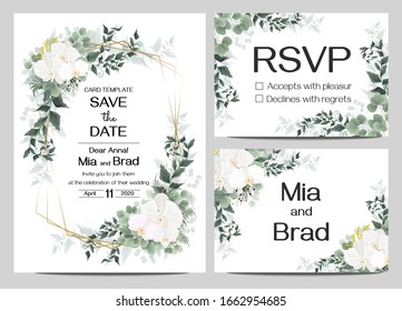 Vector floral pattern for wedding invitations. Orchid flowers, gold frame, green plants, leaves. All elements are isolated. Card with name, rsvp.