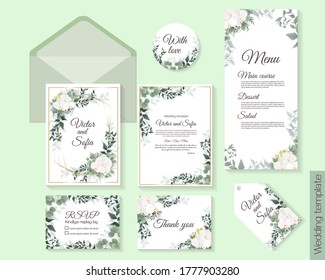 Vector floral pattern for wedding invitations, rsvp card, thanks, menu. Orchid flowers, gold frame, green plants, leaves. All elements are isolated.