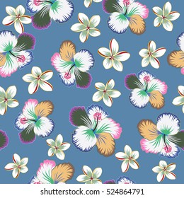 Vector floral pattern for wedding invitations, greeting cards, scrapbooking, print, gift wrap, manufacturing fabric, textile. Elegant with decorative neutral, green and blue hibiscus flowers.