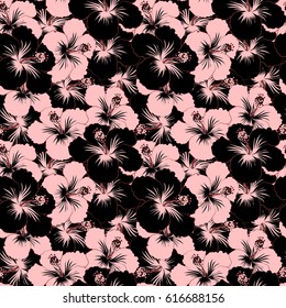 Vector floral pattern for wedding invitations, greeting cards, scrapbooking, print, gift wrap, manufacturing fabric, textile. Elegant seamless pattern with decorative black and pink hibiscus flowers.