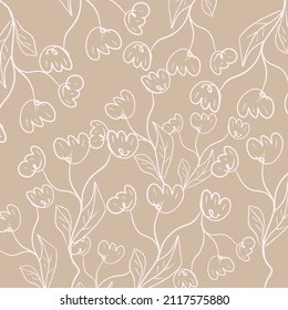 Vector floral pattern with white flowers in doodle style on a beige background