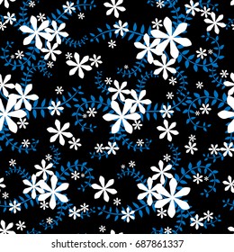 Vector floral pattern with white flowers and blue leaves on black back background