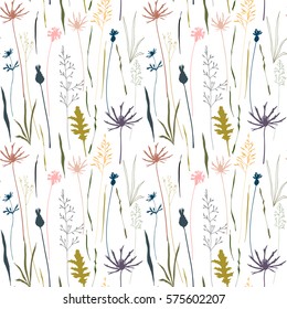 
Vector floral pattern with wild meadow flowers, herbs and grasses.Thin delicate line silhouettes of different plants - johnson's grass, cornflowers, thistles. Pastel colors on white background

