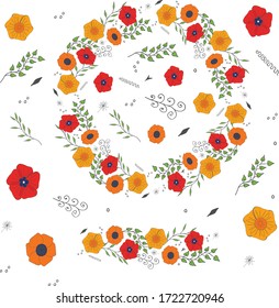 Vektorblumenmuster, Kranz von Blättern und Blumen und seine Elemente einzeln auf weißem Hintergrund in grüner, roter und orangefarbener Farbe für das Design von Papier, Textilien, Umhüllung, handgemalt